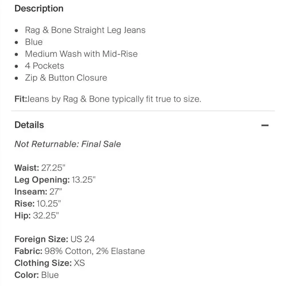 Rag and Bone Farrah Jeans size 24 light whitewash
